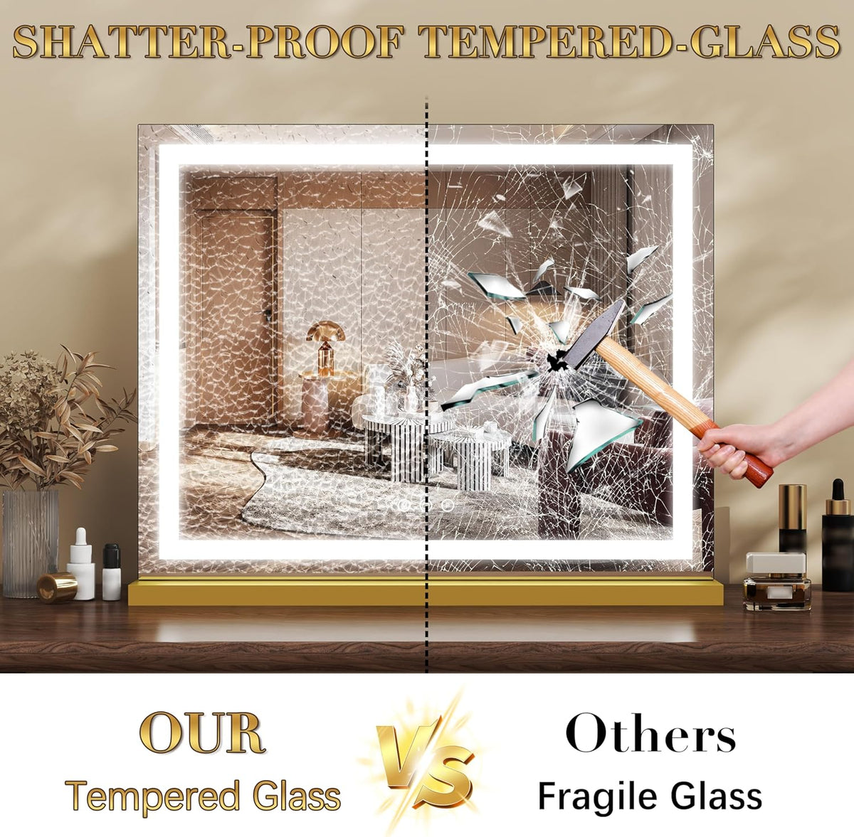 Gold Vanity Mirror with Lights 23x18 Inch, 3-Color Dimmable LED & Touch Control - Large Makeup