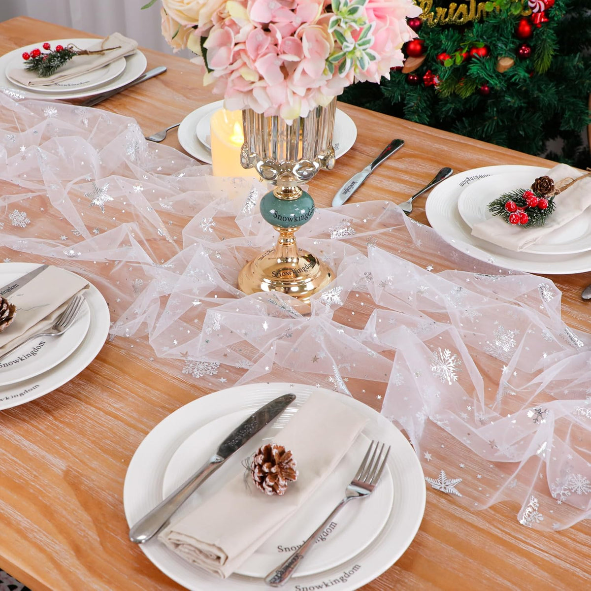 Snowkingdom Christmas Snowflake Cheesecloth Table Runner Silver 120 Inch Sheer Chiffon Gauze