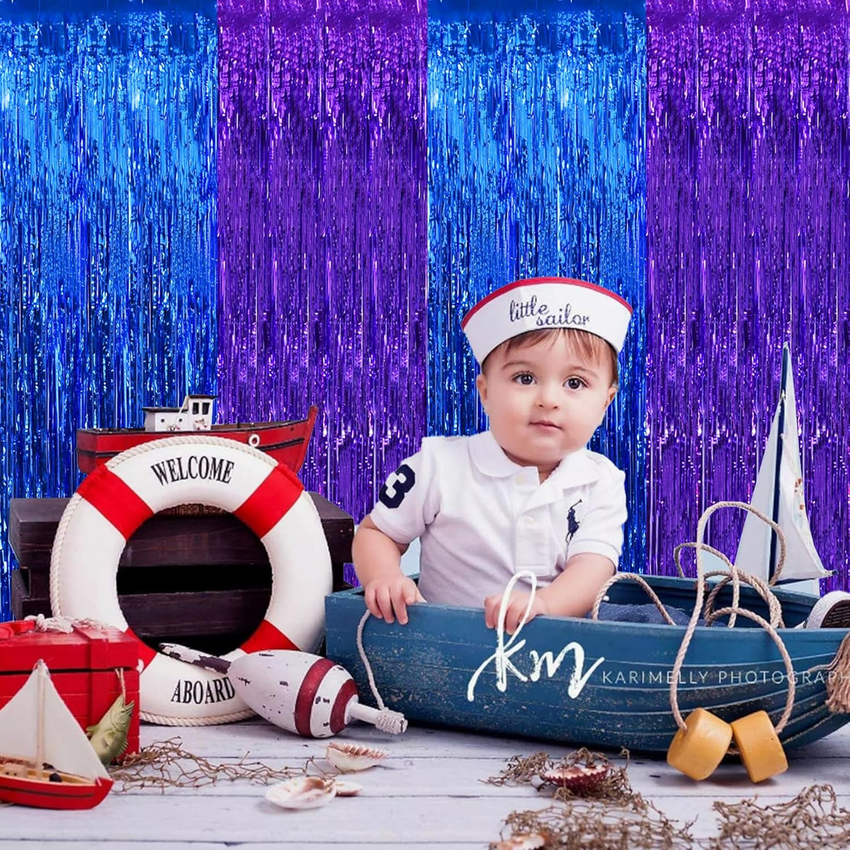 BEISHIDA 2Pcs Blue Purple Door Streamer Light Blue Purple Backdrop Foil Fringe Tinsel Boy Curtains