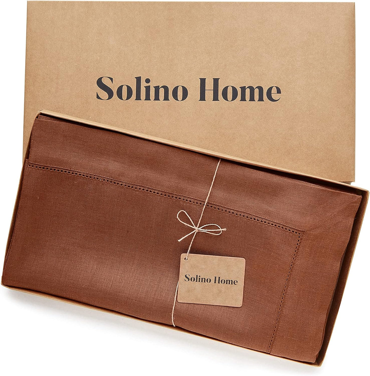 Solino Home Linen Cinnamon Tablecloth 60 x 120 Inch - Classic Hemstitch, 100% Pure Linen
