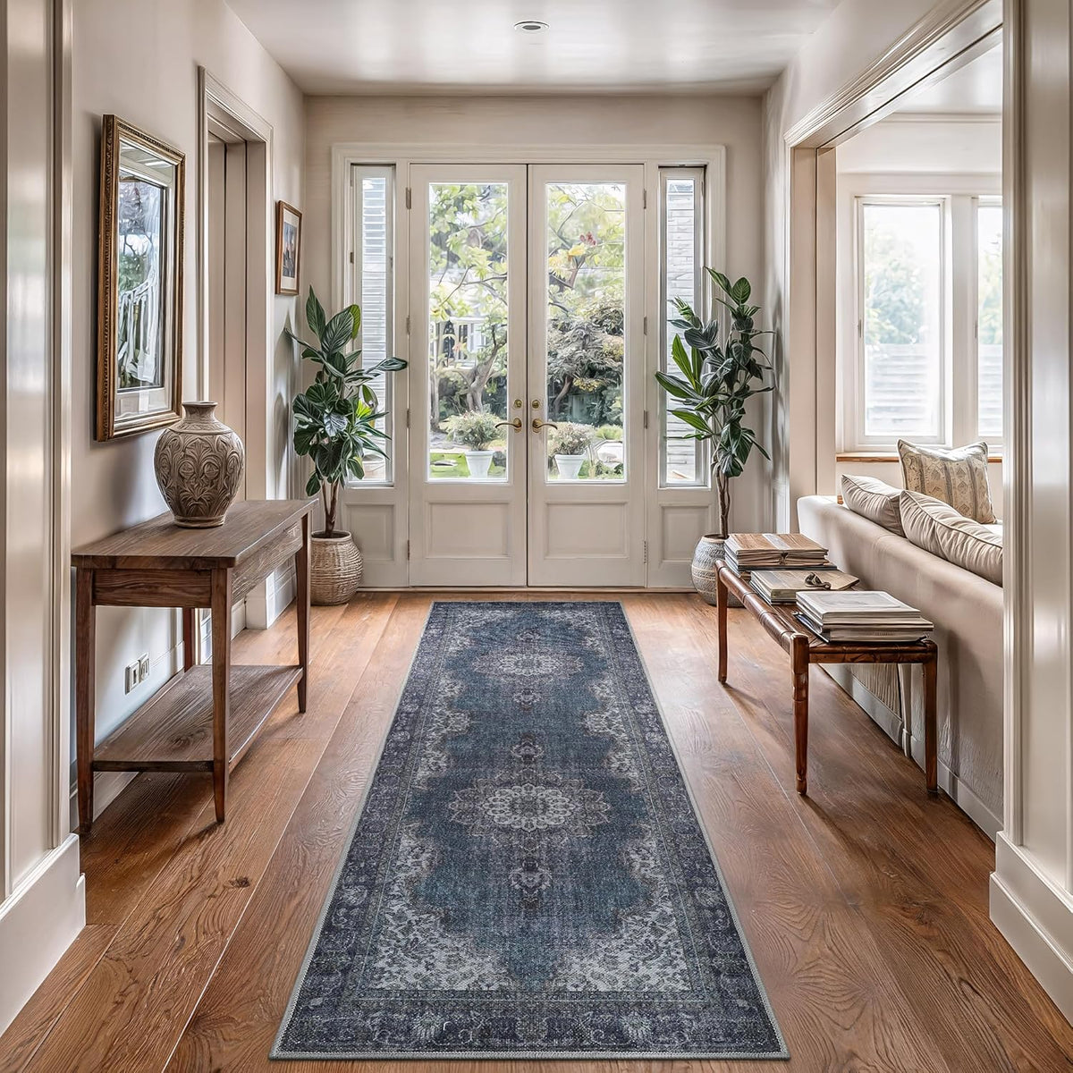 Bloom Rugs Washable Non-Slip 12 ft Runner - Dark Teal Traditional Medallion Runner for Entryway