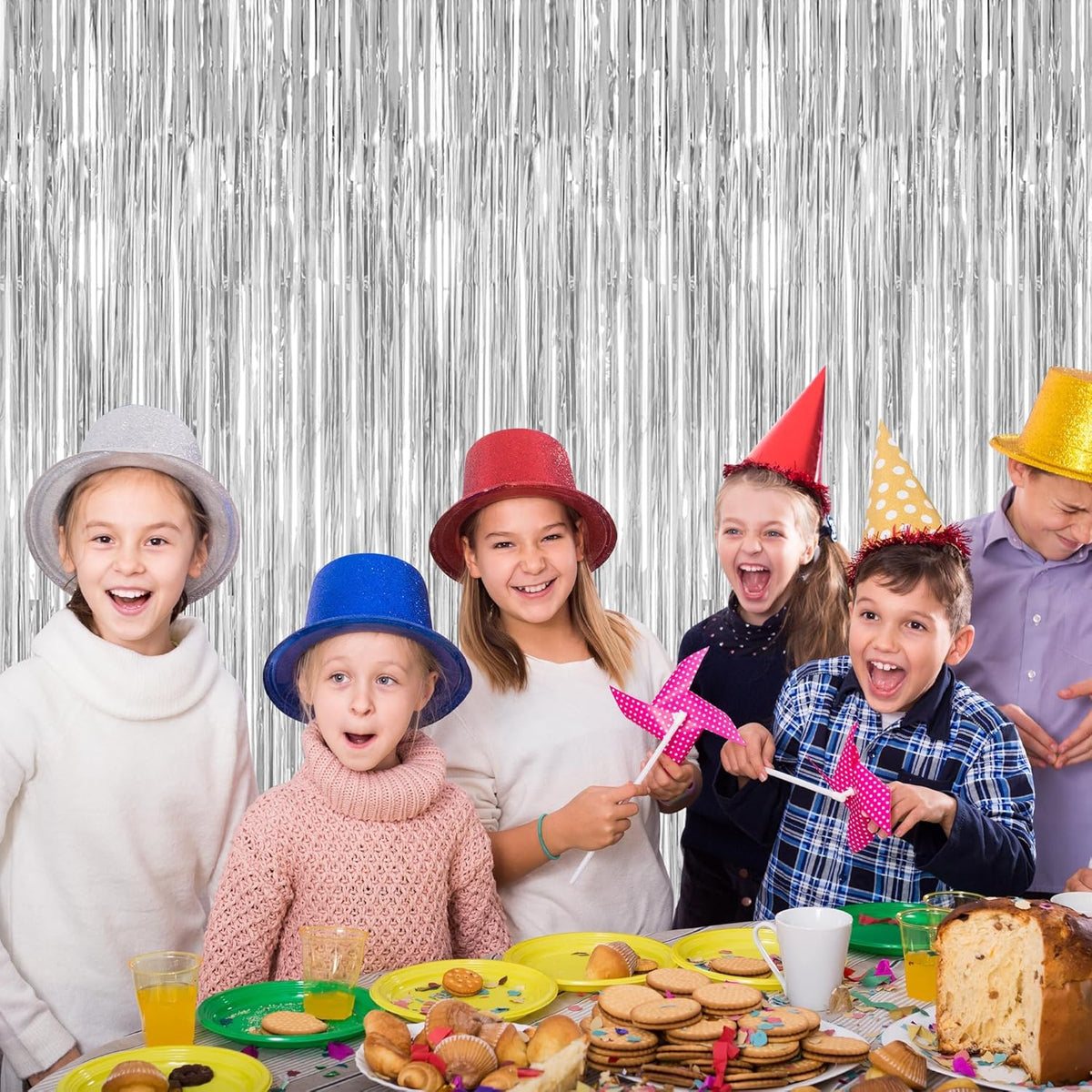 8 Pack Silver Backdrop, 3.28 FT x 7.05 FT Birthday Backdrop, Metallic Silver Tinsel Curtain Disco