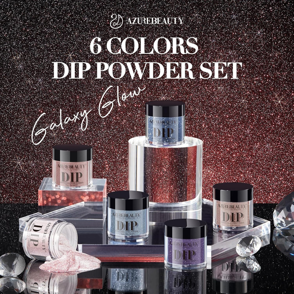 AZUREBEAUTY Dip Powder Nail Set 6 Colors Dark Light Blue Purple Brown Wine Red Shimmery Sparkle
