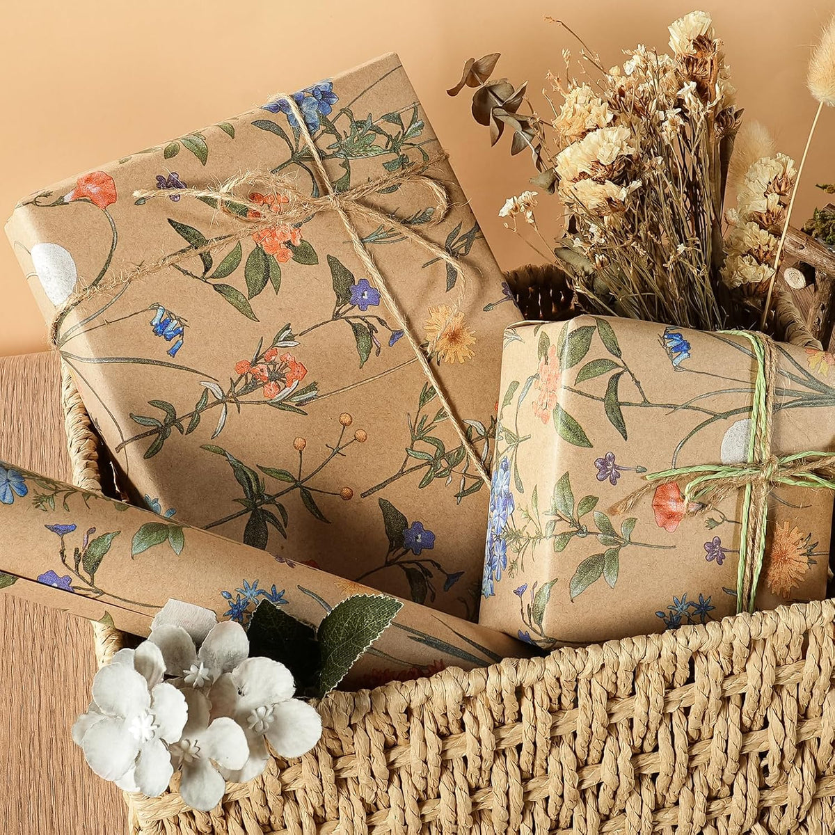 WRAPAHOLIC Kraft Floral Wrapping Paper Roll - Mini Roll - 17 Inch x 9.8 Feet - Wildflower Wrapping