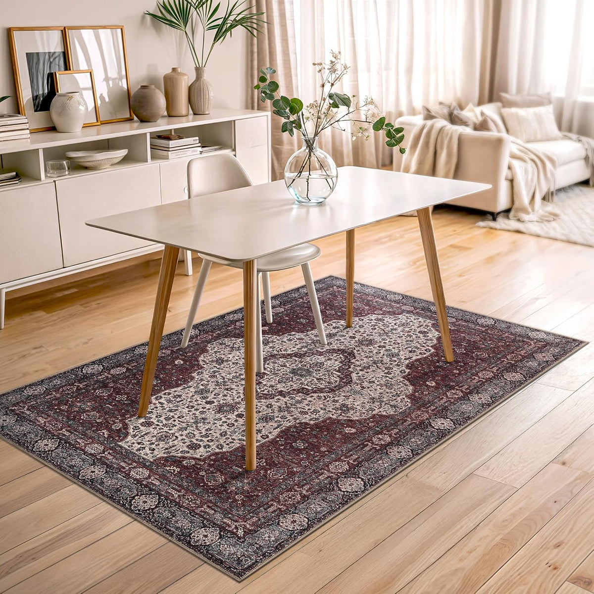 Bloom Rugs Washable Non-Slip 4' x 6' Rug - Red/Green/Cream Traditional Medallion Area Rug for