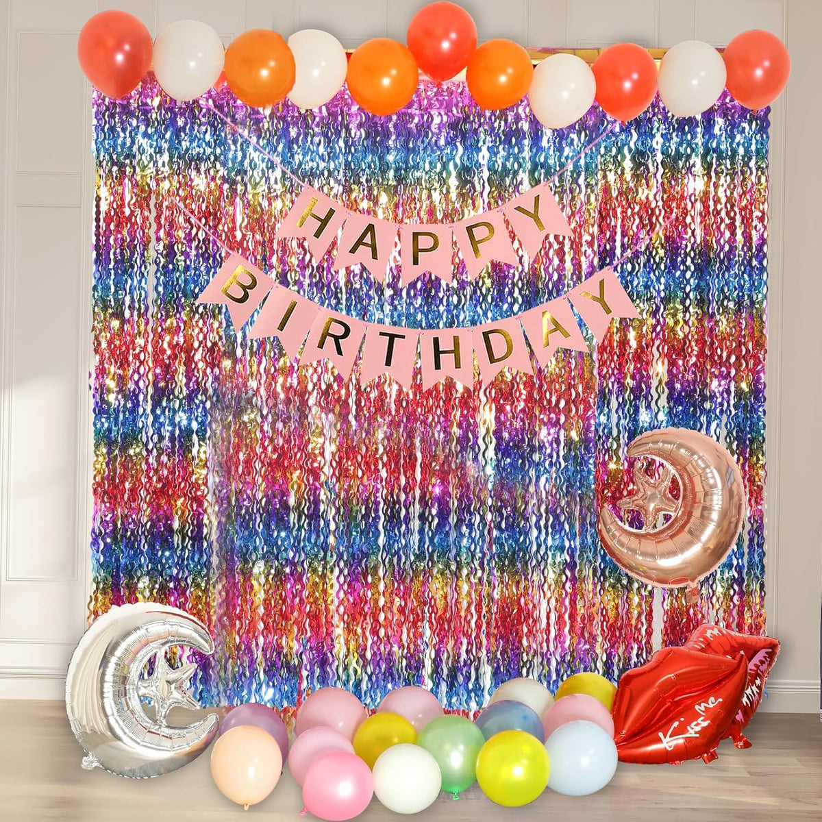 4 Pack Wavy Rainbow Foil Fringe Curtain | 3.3x6.6ft Colorful Tinsel Metallic Streamers Holiday