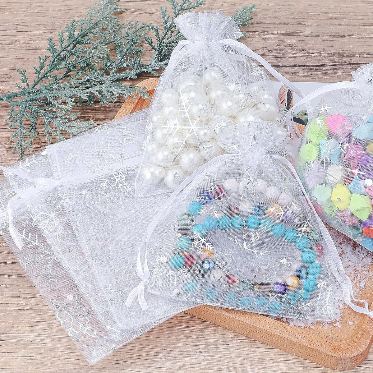 jijAcraft 5x7 Inch Christmas Organza Bags - 50Pcs White Snowflake Gift Bags with Drawstring, Xmas