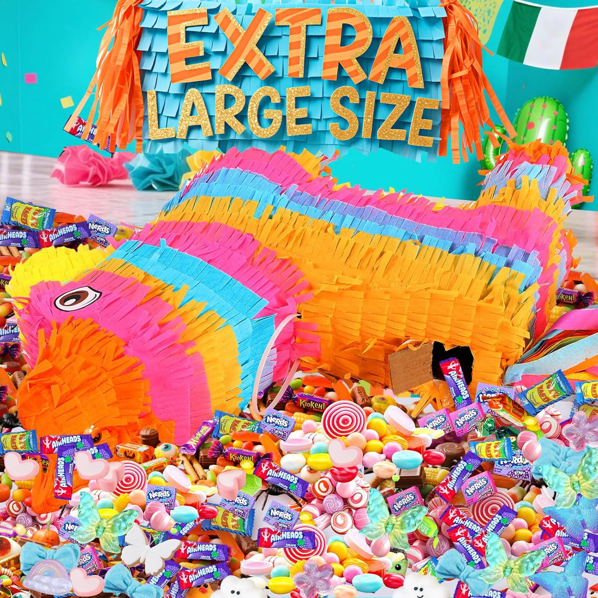 Cinco De Mayo Donkey Pinata with 24" Stick and Rope | Large Rainbow Piñata Decorations for Birthday