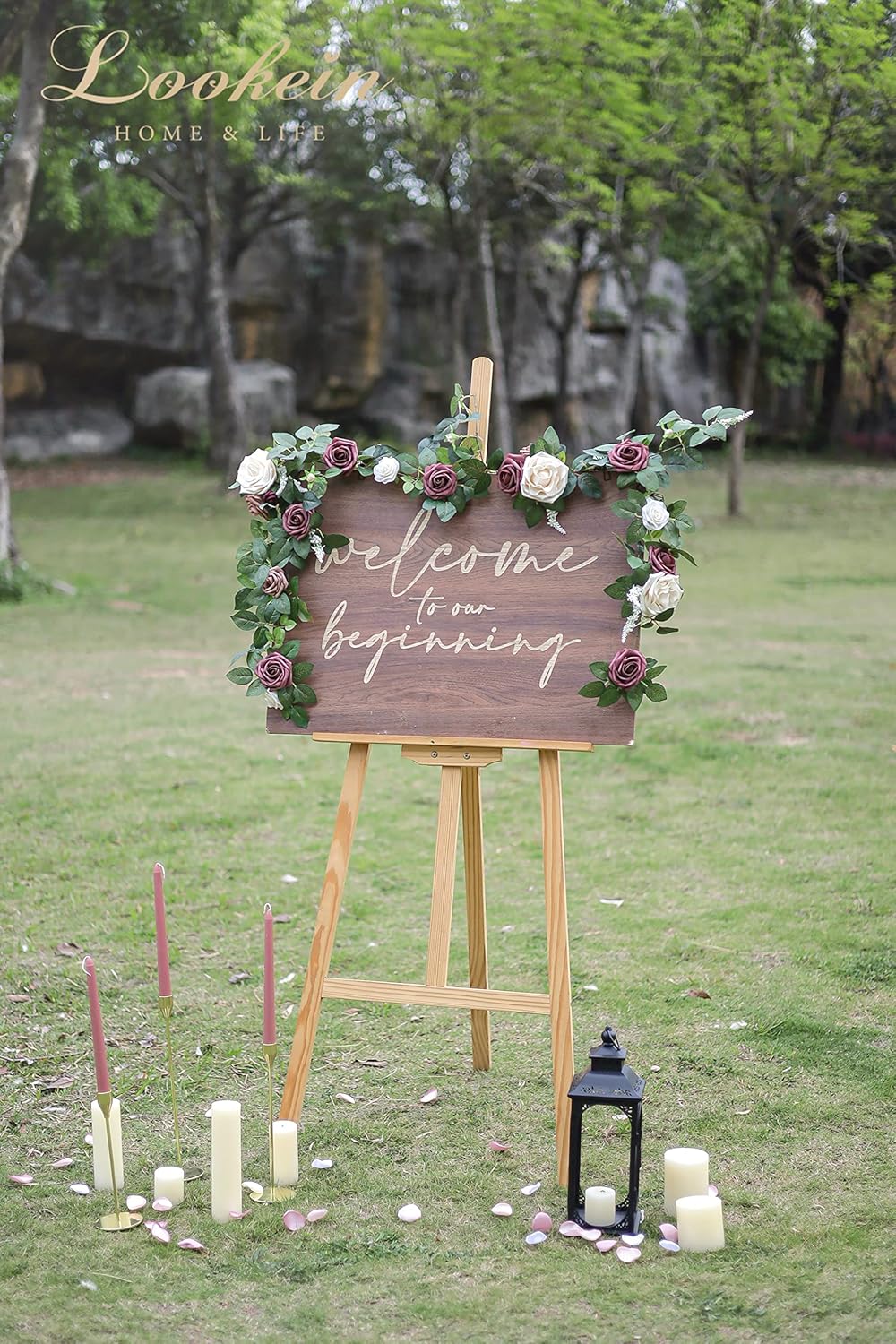 Lookein Artificial Rose Flower Garland Greenery Garland 5FT for Wedding Ceremony Backdrop Arch