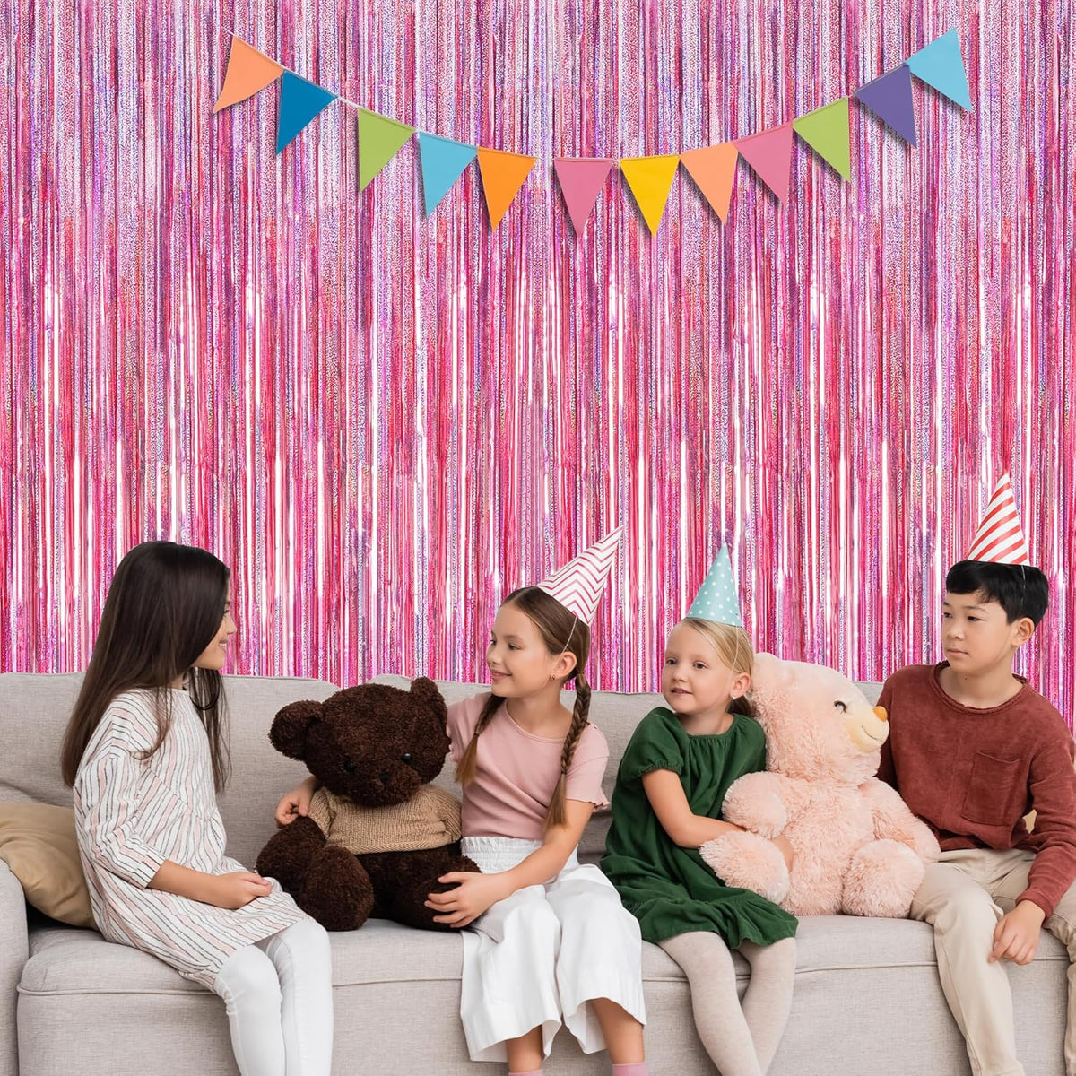 2 Pack Glitter Pink Backdrop, 3.28 FT x 7.05 FT Birthday Party Decorations, Laser Pink Fringe