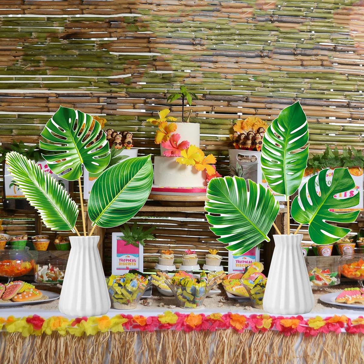 14pcs Palm Leaf Centerpiece Sticks Tropical Party Decorations for Table Green Leaves Theme