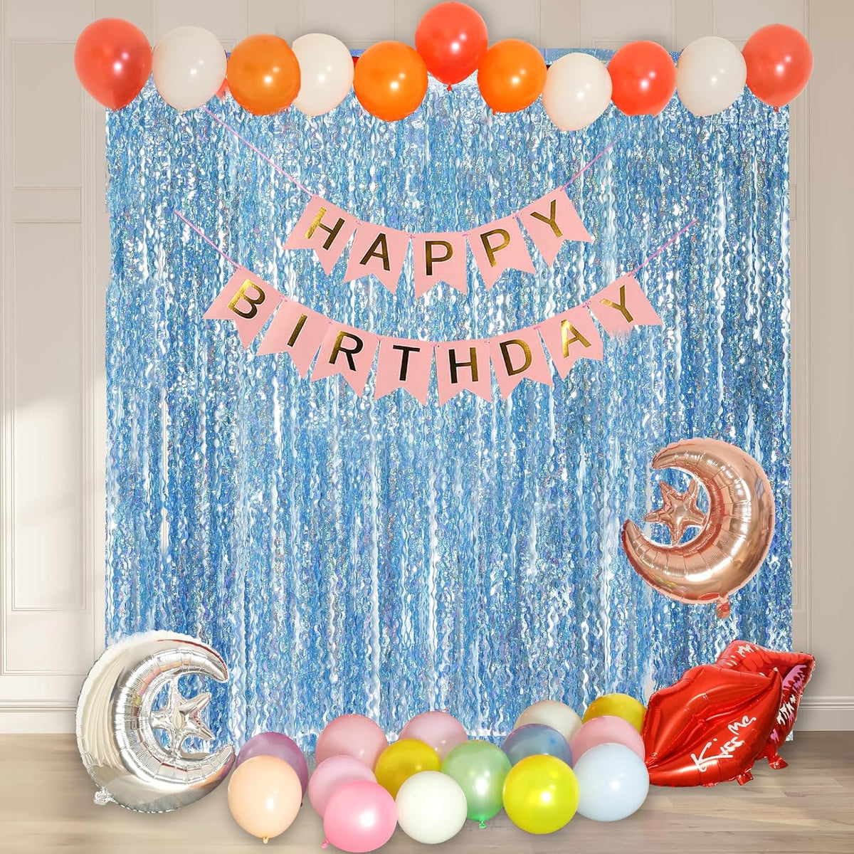 4 Pack Wavy Blue Tinsel Backdrop Streamers Party Decorations 3.3x6.6 Feet | Foil Fringe Curtain