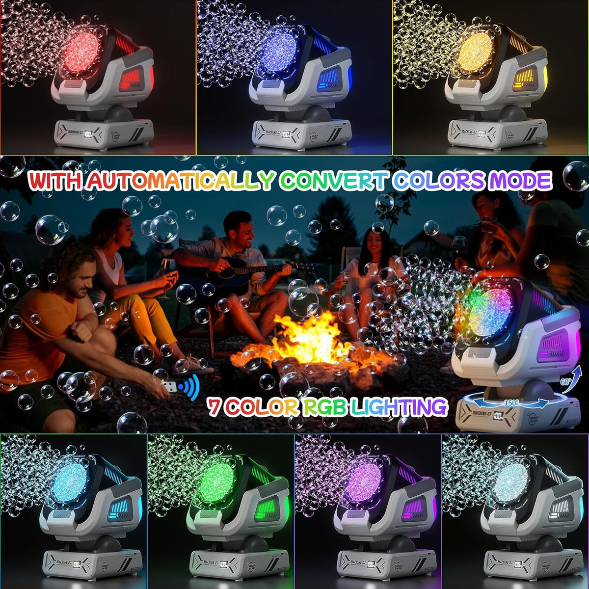 2025 Upgraded Bubble Machine with Remote Control, Automatic Rotation & RGB Lights, 1800mAh