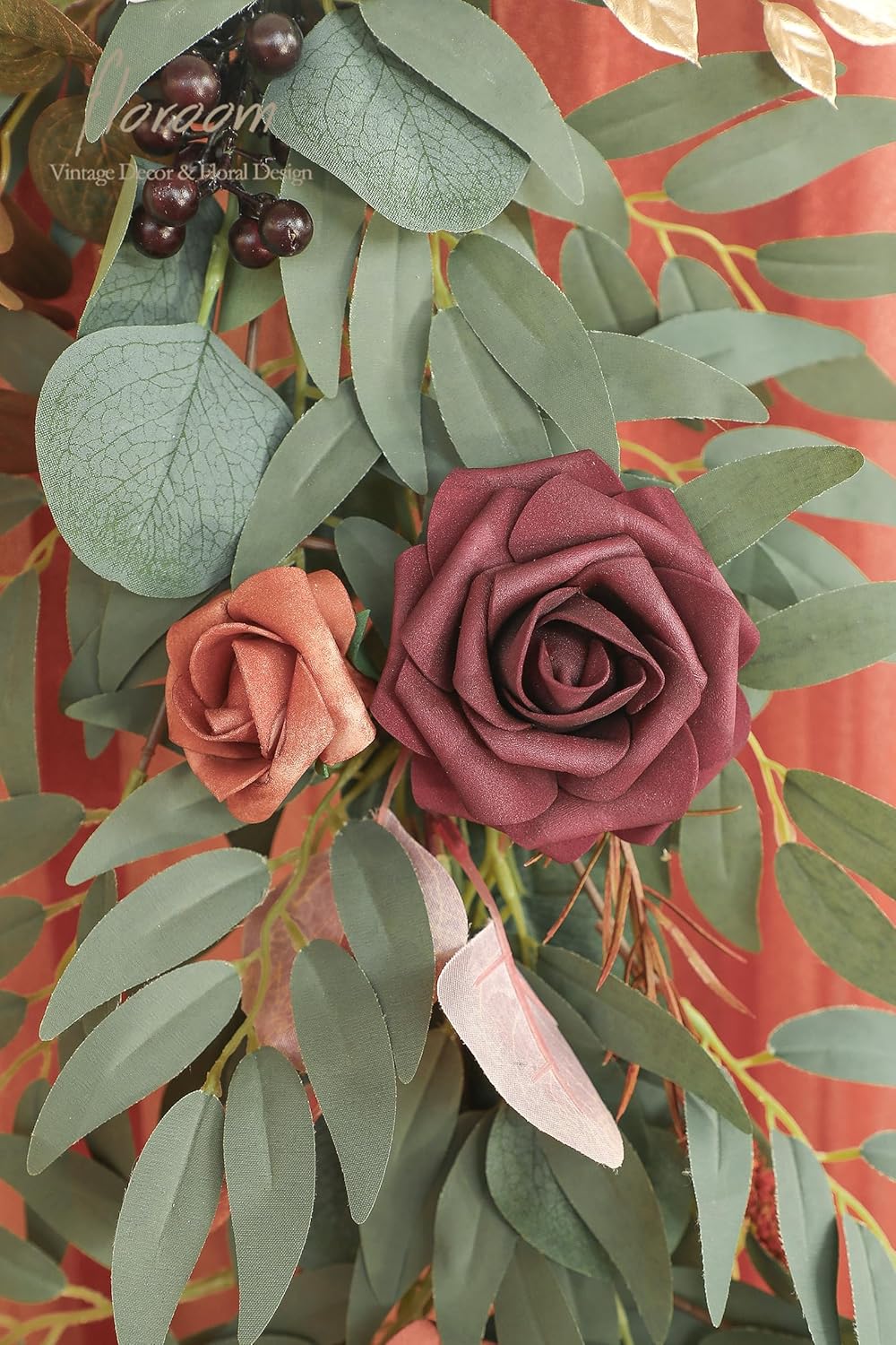Floroom 6ft Artificial Eucalyptus Garland with Flowers Fake Greenery Burnt Orange Faux Floral Vine