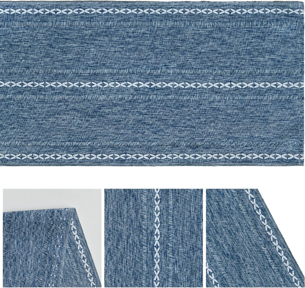 Artoid Mode Blue Rustic Cotton Linen Table Runner, Seasonal Embroidered Hollow Kitchen Dining Table