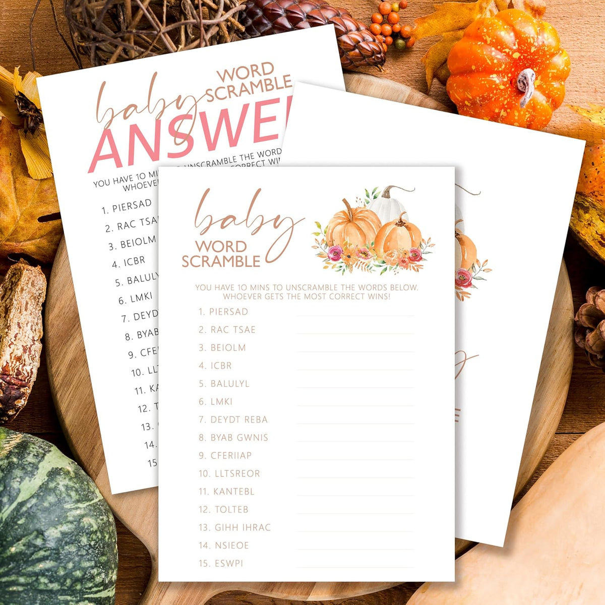 Baby Shower Games, Thanksgiving Baby Word Scramble + 1 Answer Card, 25 Sets Baby Gender Reveal
