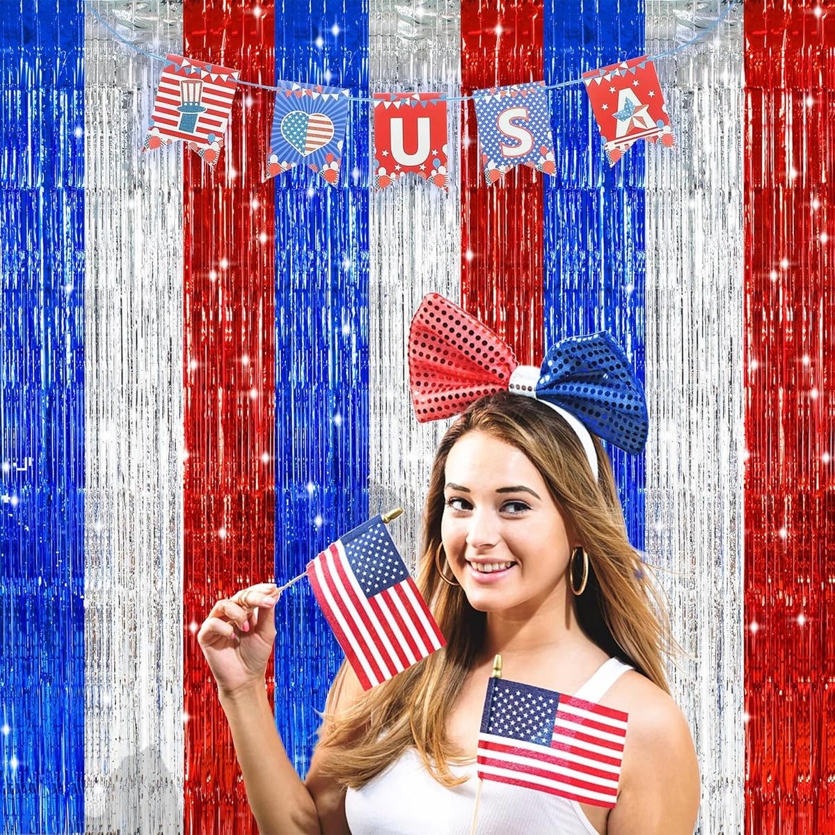 TONIFUL Red White and Blue Tinsel Foil Fringe Curtains,4th of July Decorations Independence Day
