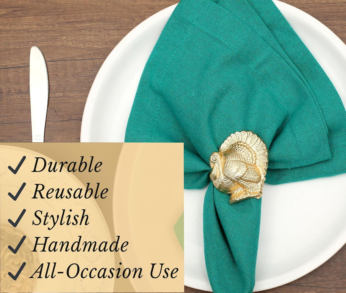 Turkey Bird Gold Napkin Rings Set of -12 for Dinner Parties, Weddings Receptions, Family