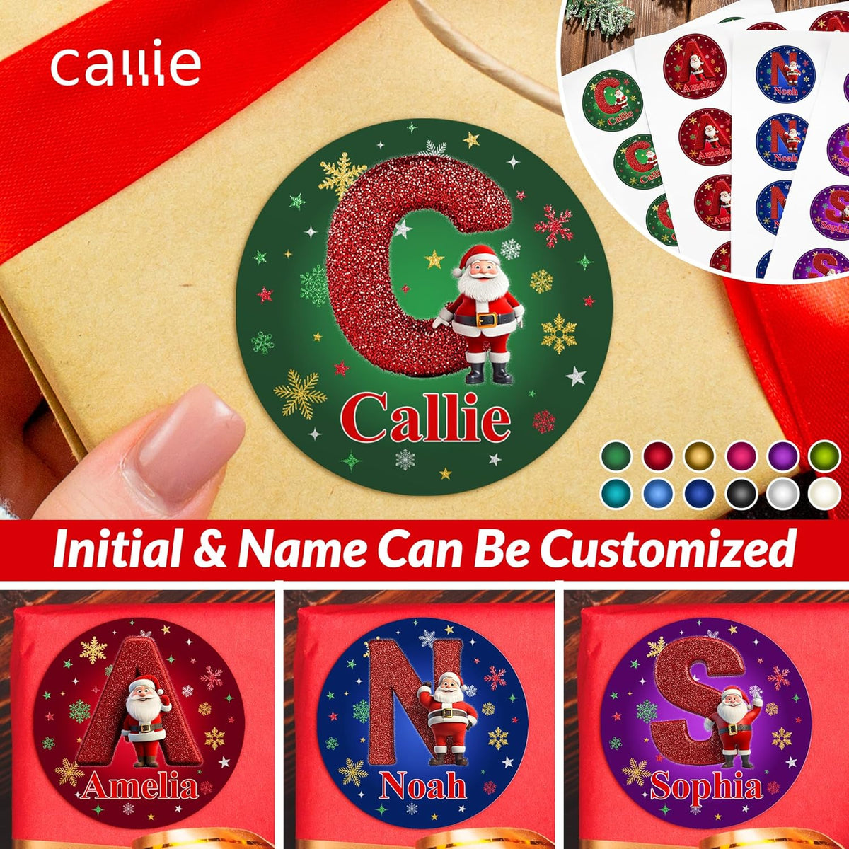 callie Personalized Christmas Stickers - Custom Name & Initial, 1.97 Inch Cartoon Santa Claus