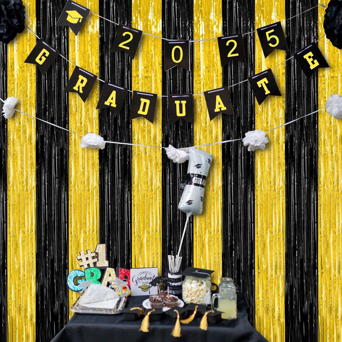 2 Pack Graduation Backdrop, 3.28 FT x 7.05 FT Black and Gold Foil Fringe Curtains, Metallic Foil