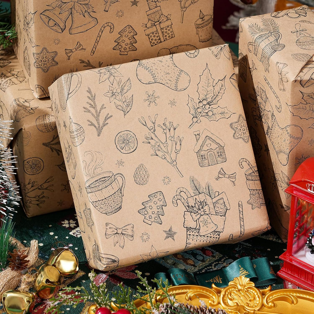Ulmasinn Vintage Christmas Wrapping Paper Roll - Brown Kraft Paper 17" x33ft - with Cutting Line