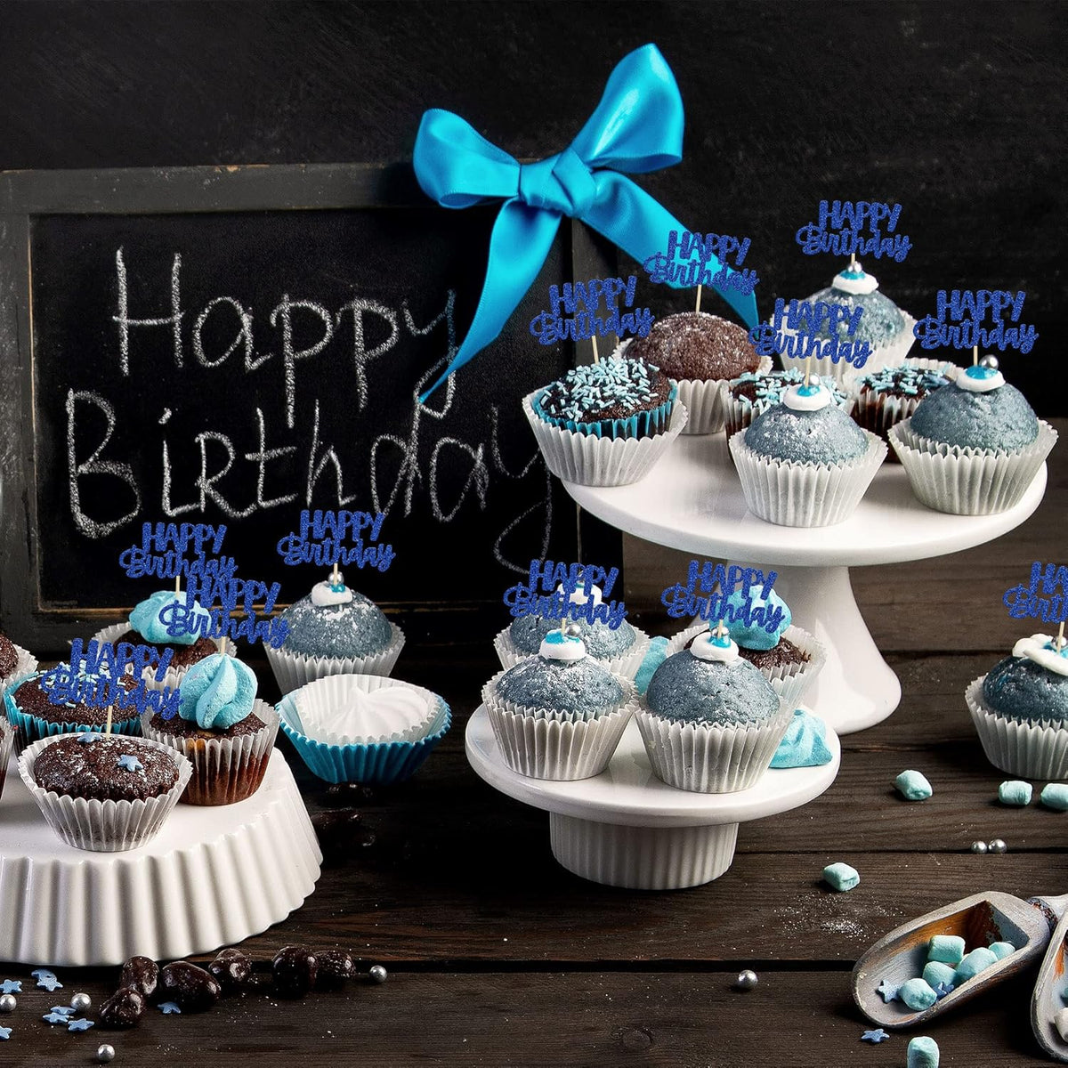 Gyufise 24 Pcs Happy Birthday Cupcake Toppers Glitter Cupcake Food Picks for Celebrating Theme