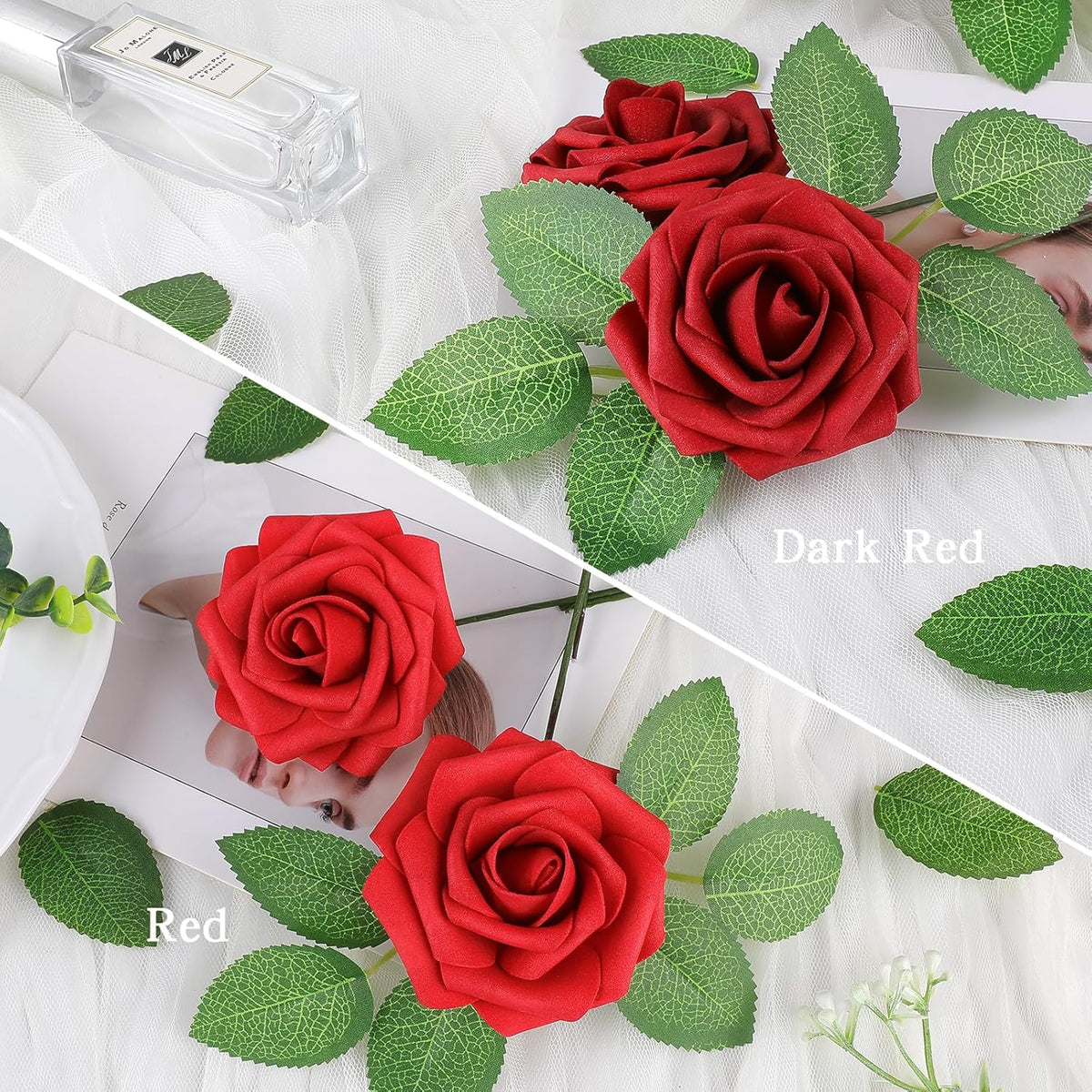 AmyHomie 25pcs Real Looking Artificial Red Roses w/Stem for DIY Wedding Bouquets Centerpieces