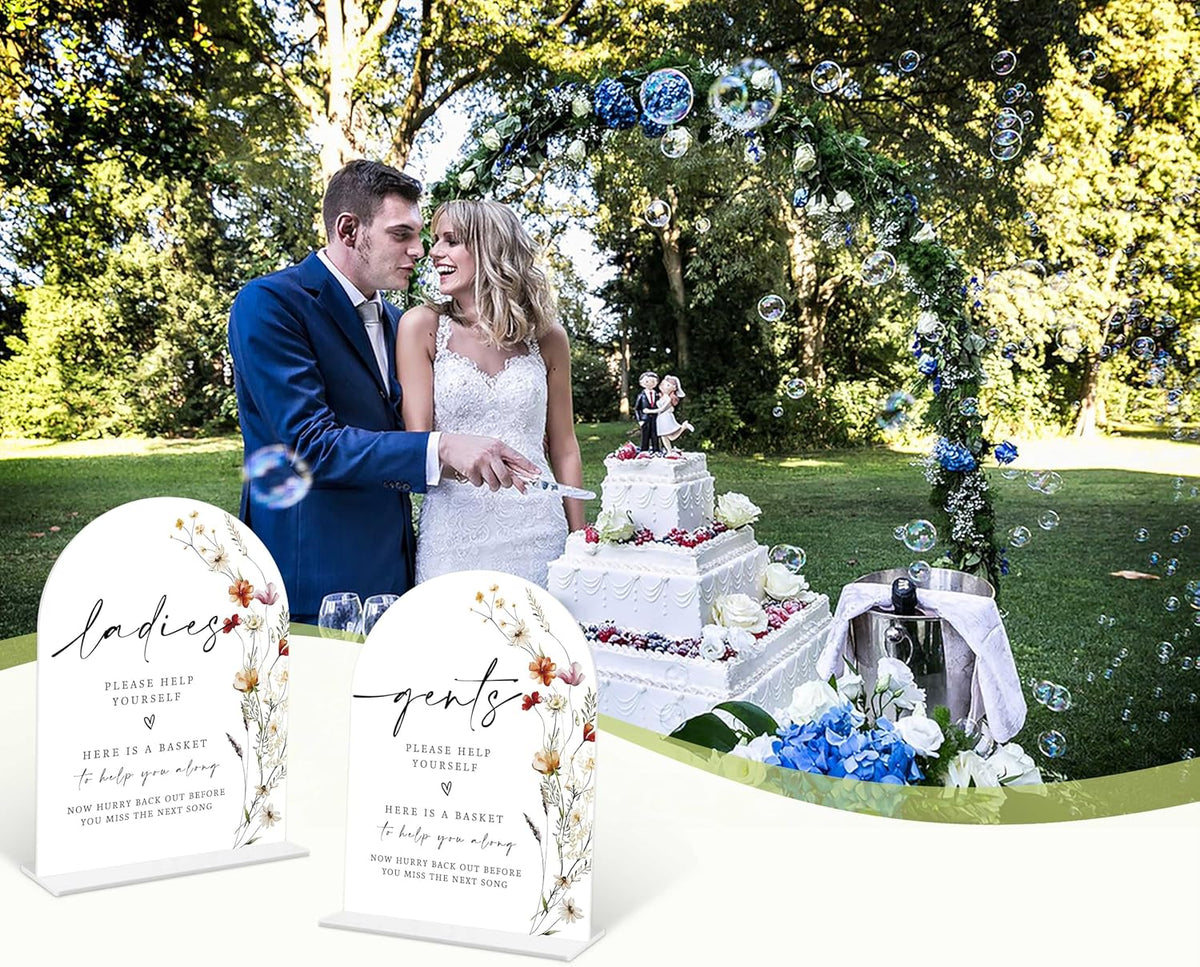 2 Pcs Boho Floral Wedding Bathroom Ladies & Gents Signs, 6 x 8 Inch White Arch Acrylic Wedding Sign