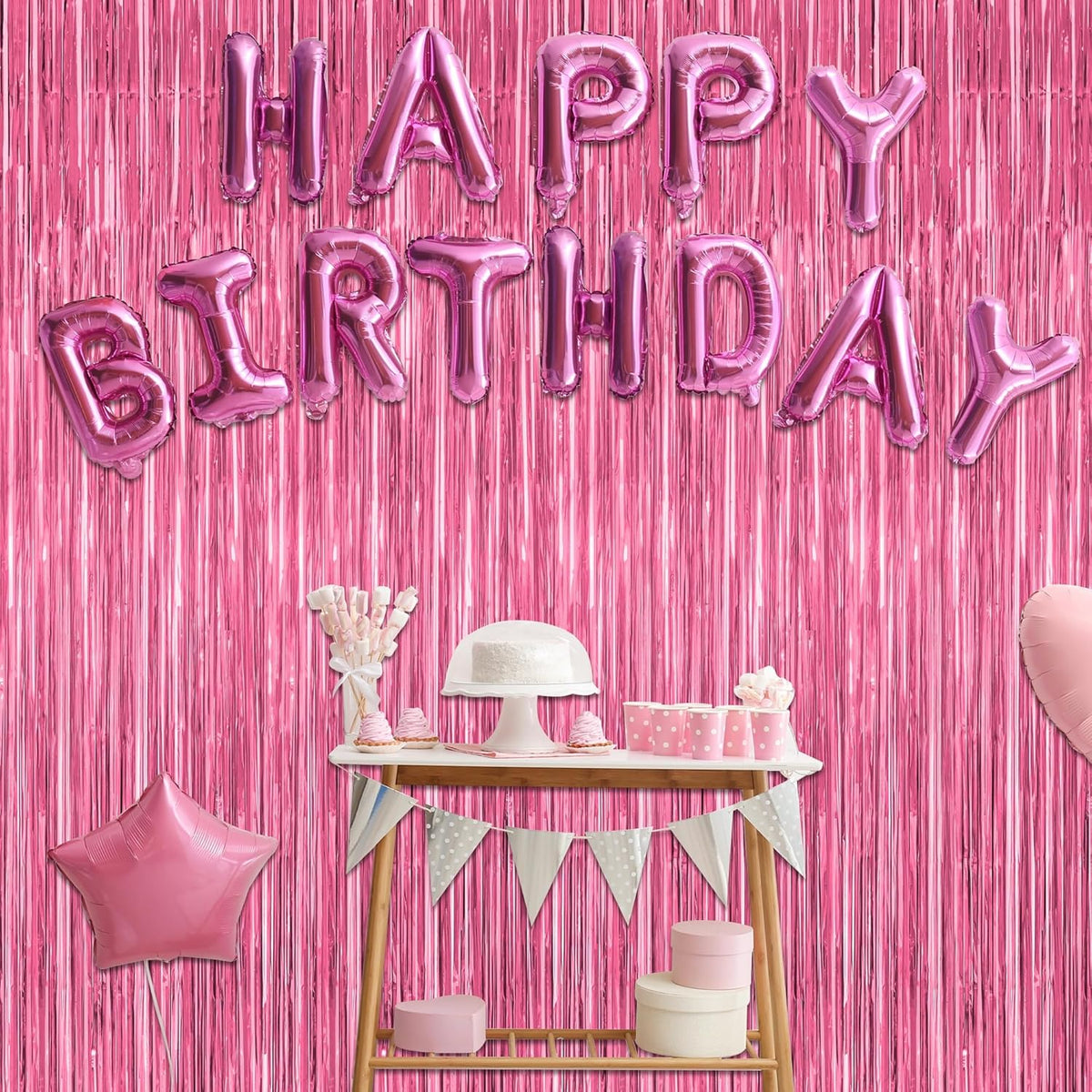 2 Pack Pink Party Decorations, 3.28 FT x 7.05 FT Pink Backdrop, Metallic Tinsel Backdrop Fringe