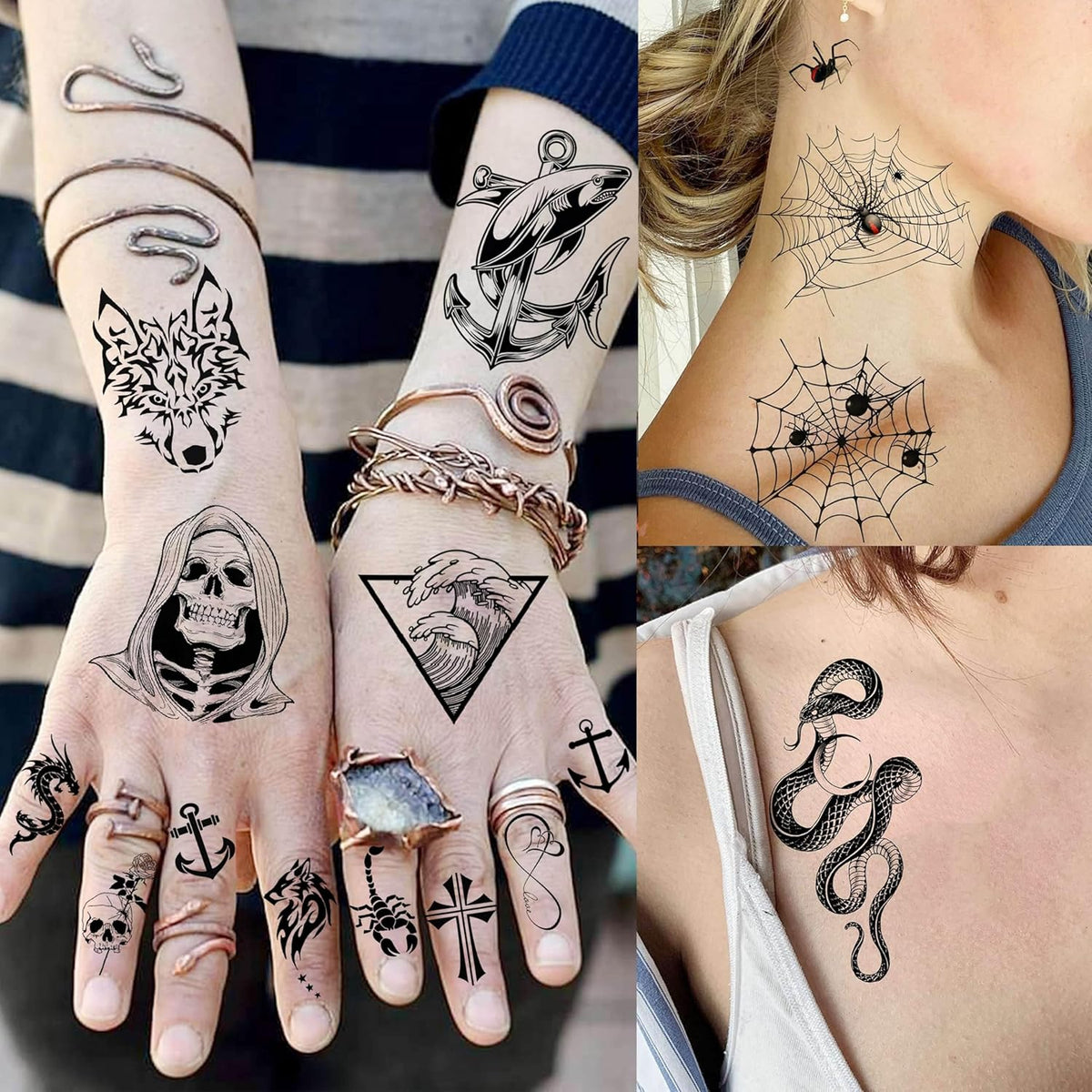 59 Sheets 3D Black Halloween Temporary Tattoos For Men Women Kids, Long Lasting Temp Fake Sleeeve