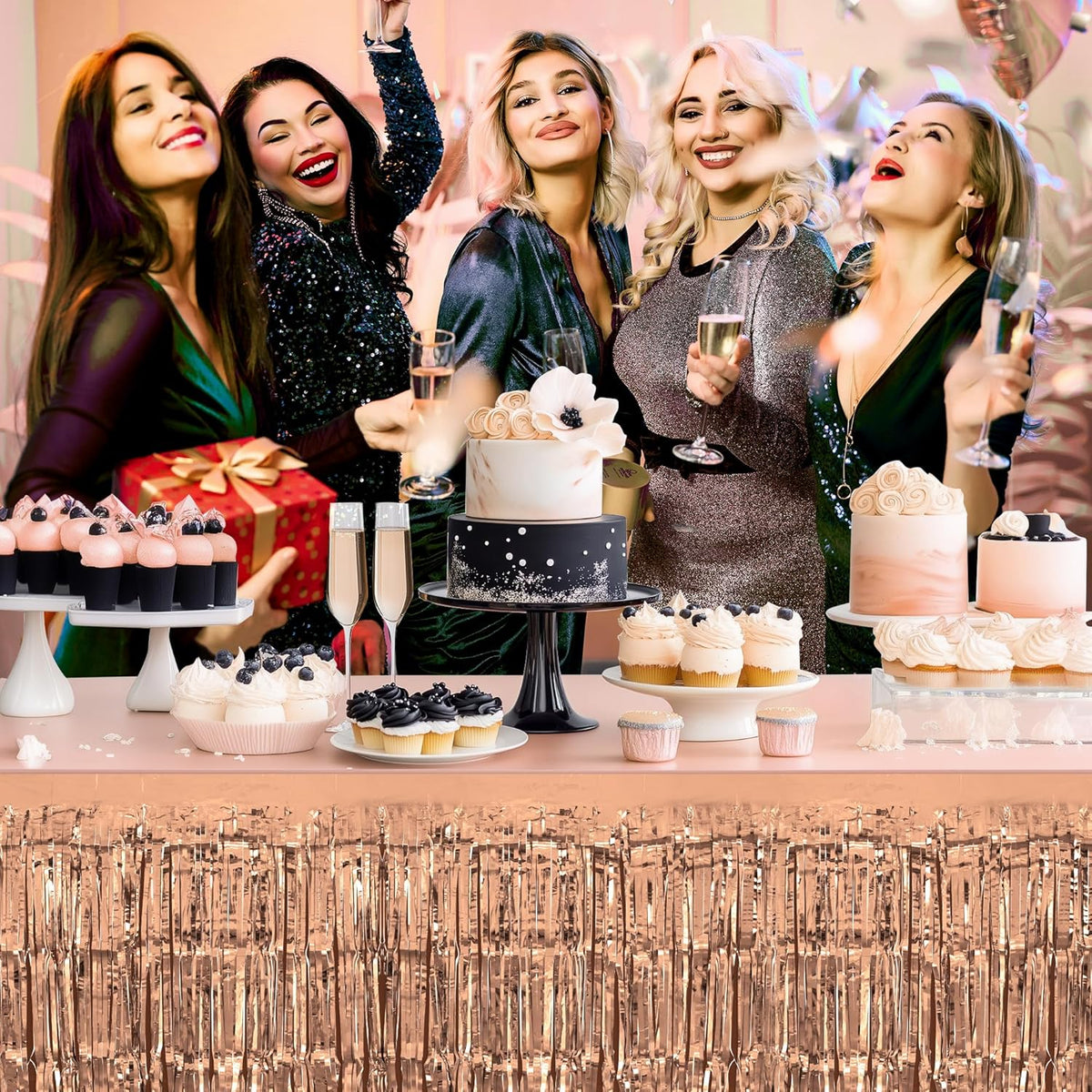 2 Pack Rose Gold Table Skirts, 29x108" Metallic Foil Tinsel Fringe Table Skirts for Rectangle