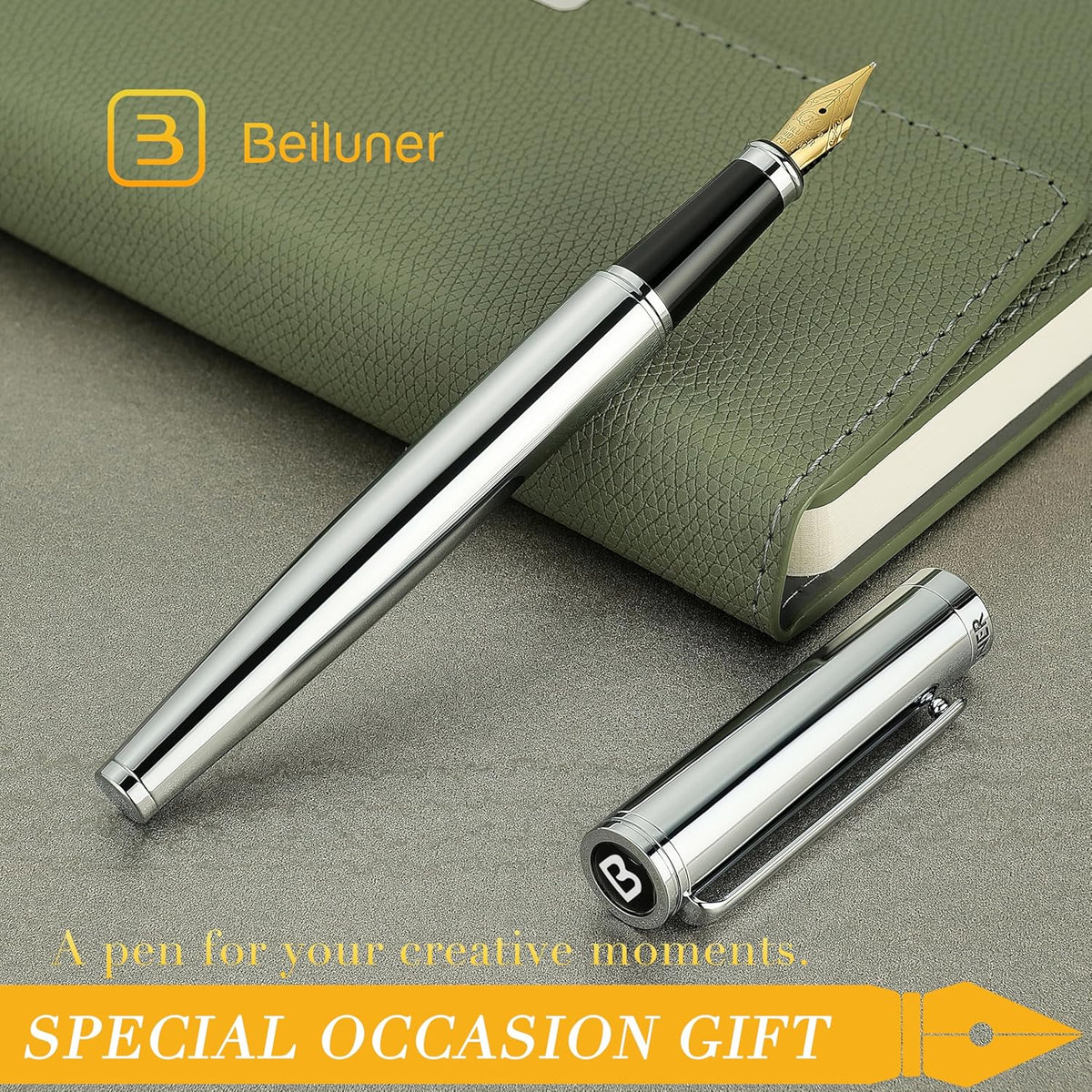 BEILUNER Silver Fountain Pen,Stunning Luxury Pens with Bright Silver Chrome, Gorgeous 24K Gilded