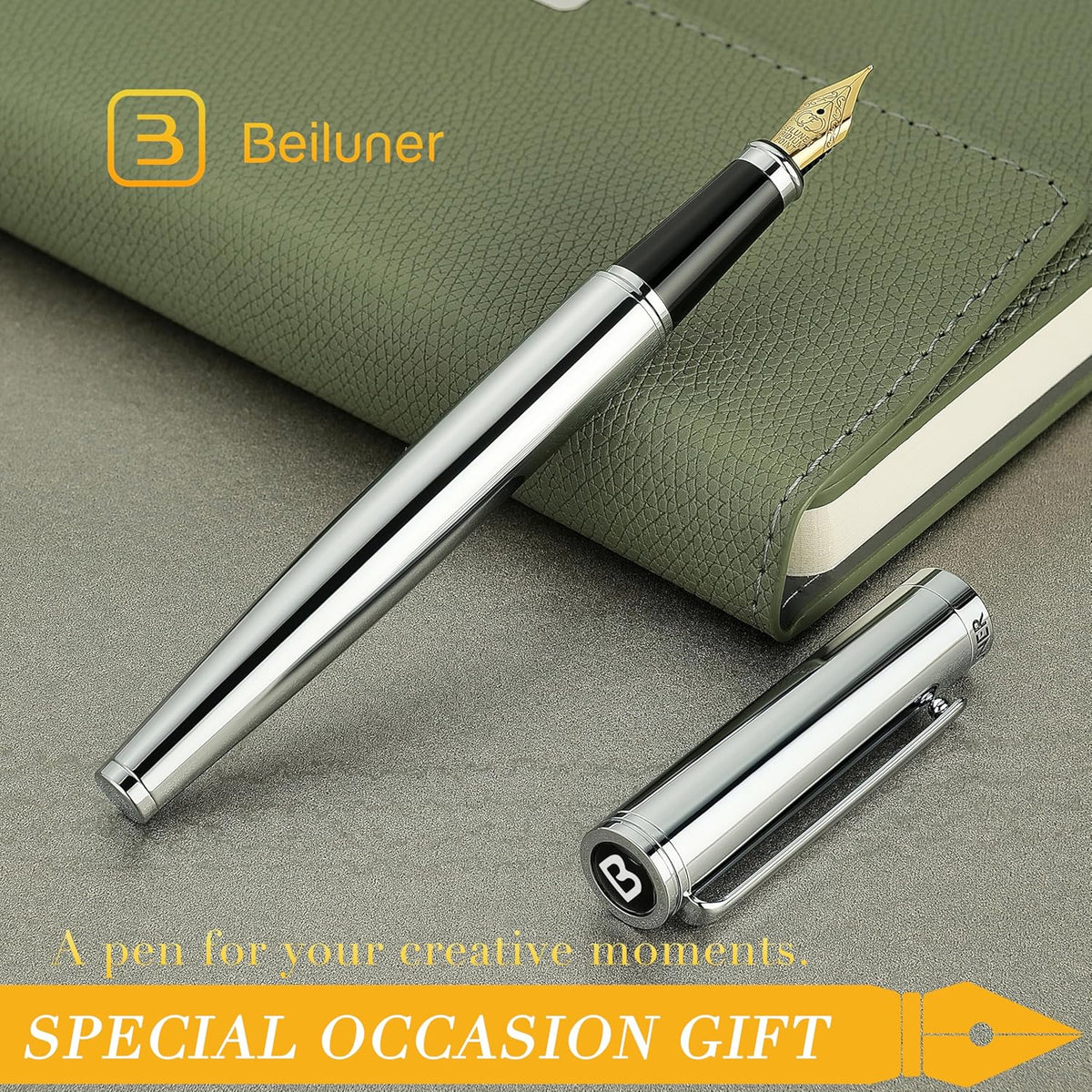 BEILUNER Silver Fountain Pen,Stunning Luxury Pens with Bright Silver Chrome, Gorgeous 24K Gilded