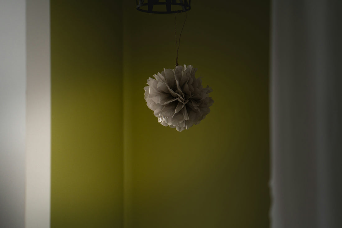 A single fluffy tissue paper pom pom hanging in a softly lit room