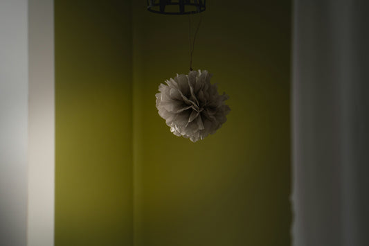 A single fluffy tissue paper pom pom hanging in a softly lit room