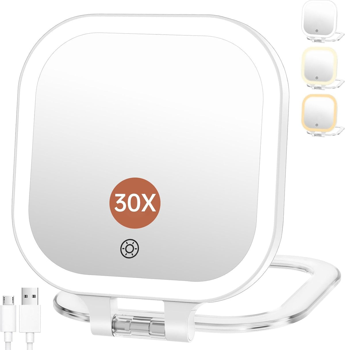 Compact Travel Makeup Mirror with Lights, 1X/30X Double-Sided Magnifying Mirror, 3 Color LED