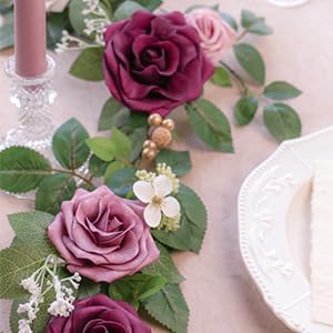 PONATIA 5FT Handcrafted Burgundy Artificial Rose Garland, Dusty Rose Flowers for Wedding Ceremony