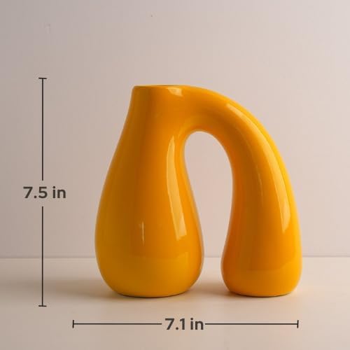 Yellow Ceramic Vase – Glossy Modern Sculptural Décor, Arch Handle Artistic Design, Bright Accent