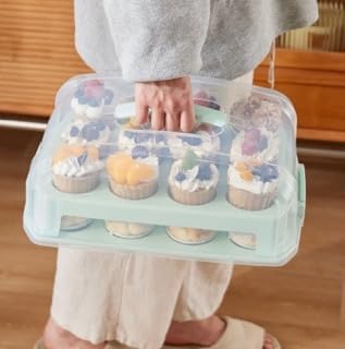 Cupcake Carrier, EXTRA TALL LID, Green Cupcake Holder Carries 24 Standard-Size Cupcakes, Muffin