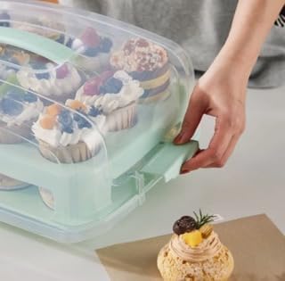 Cupcake Carrier, EXTRA TALL LID, Green Cupcake Holder Carries 24 Standard-Size Cupcakes, Muffin