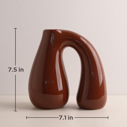 Brown Ceramic Vase – Glossy Modern Sculptural Décor, Arch Handle Artistic Design, Warm Earth-Tone