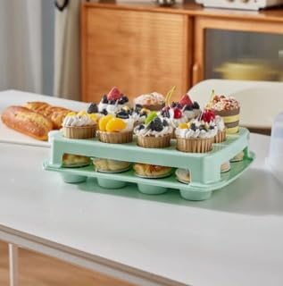 Cupcake Carrier, EXTRA TALL LID, Green Cupcake Holder Carries 24 Standard-Size Cupcakes, Muffin