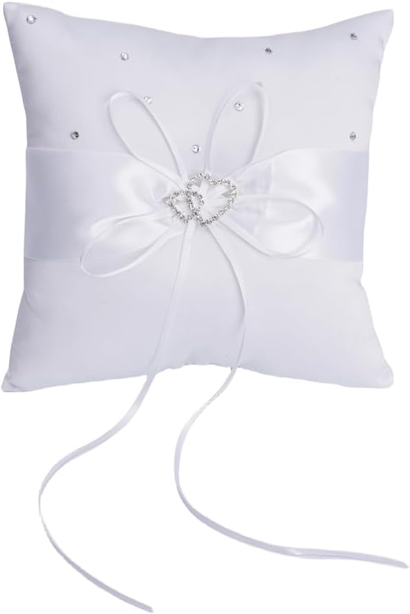 QIRMIZI Wedding Ring Pillow and Flower Girl Basket Set – Adorned with Pearl Rhinestones, White
