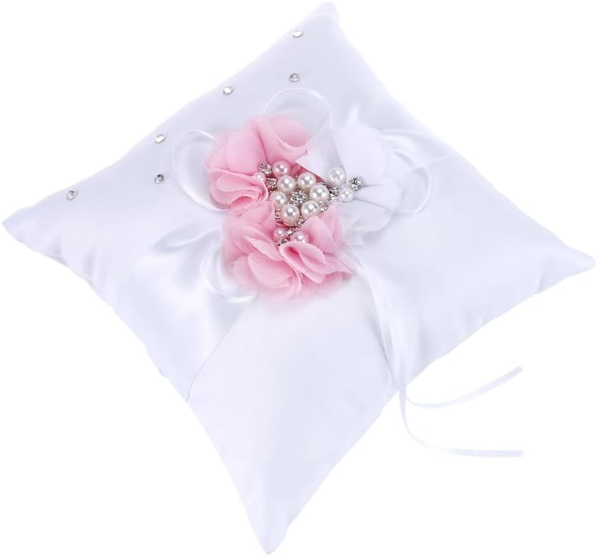 Wedding Ring Pillow Cushion with Pearl and Flower Decoration Elegant White Pink Ring Bearer Pillow