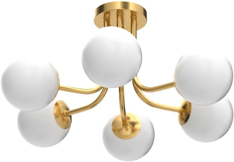 Modern Brushed Brass Gold 6-Light Ceiling Light with Globe White Glass Shade Semi Flush Mount Light