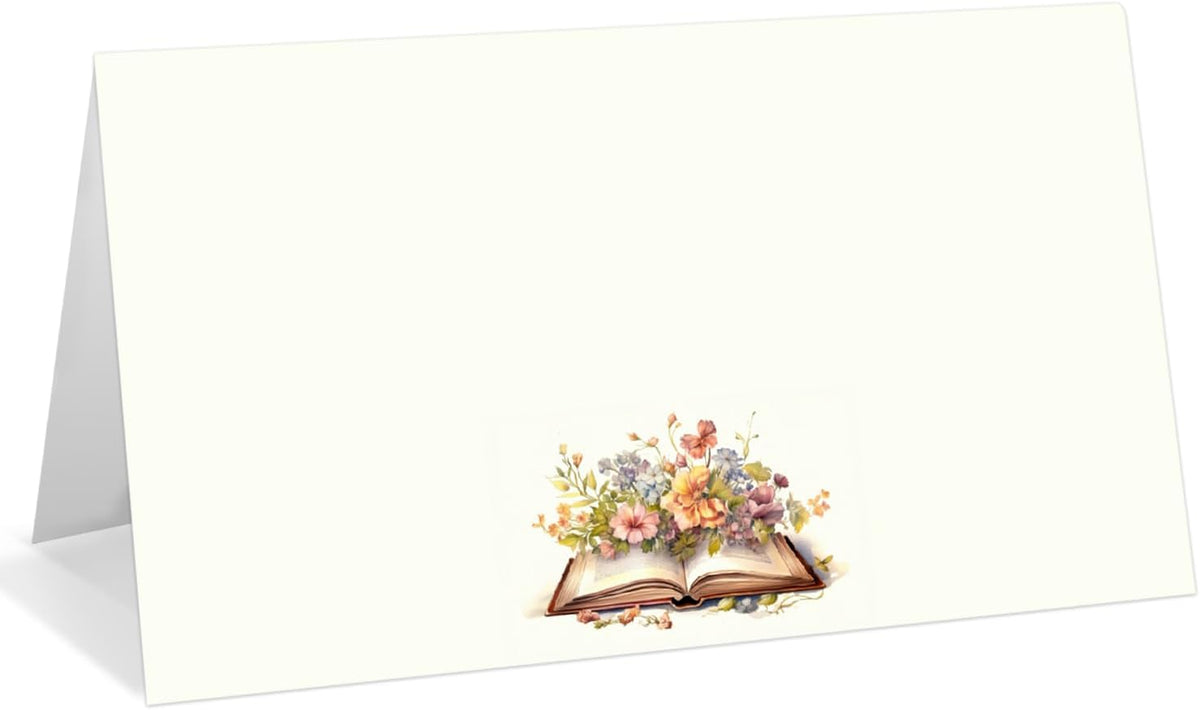 25 Pack Floral Book Theme Place Cards, Editable Name Cards for Table Setting, Tent Cards Food Label