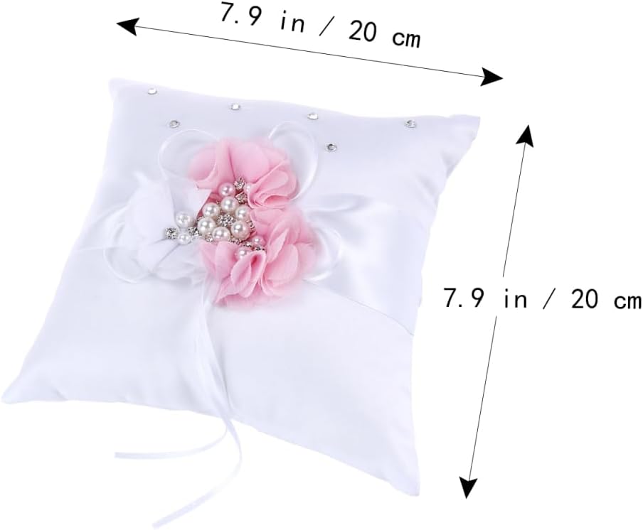 Wedding Ring Pillow Cushion with Pearl and Flower Decoration Elegant White Pink Ring Bearer Pillow