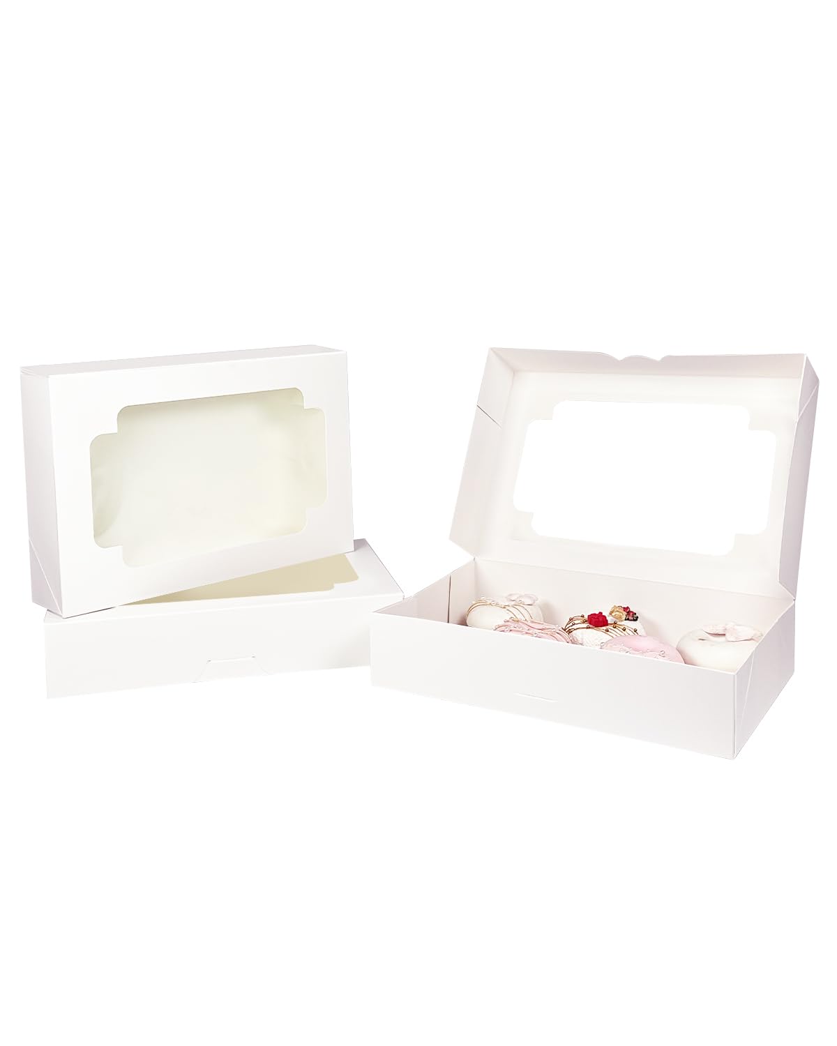 qiqee Auto-pop up White Cookie Box with Window 12x8x2.5 inch 32 Packs Two Uses One Second Folding