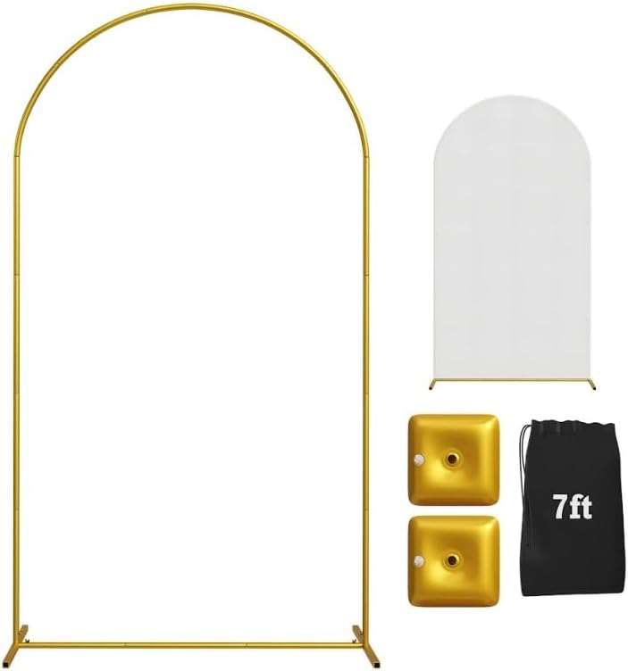 7.2FT Gold Wedding Backdrop Arch Stand with White Spandex Cover – Metal Frame, Water Weights &