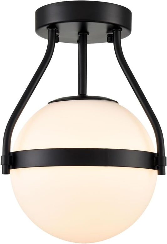 HOLKIRT Modern Globe Semi Flush Mount Ceiling Light,Black Ceiling Light Fixture with Opal Glass